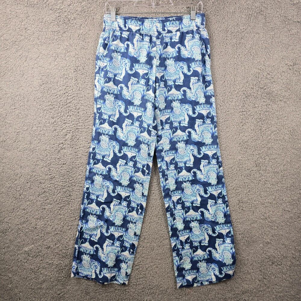 Lilly Pulitzer Women's Blue Elephant Print linen bootcut Pants Size S